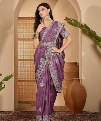 lavender chocolate silk blend embroidered saree with belt sequin work designer party & festive saree 1