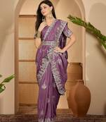 lavender chocolate silk blend embroidered saree with belt sequin work designer party & festive saree