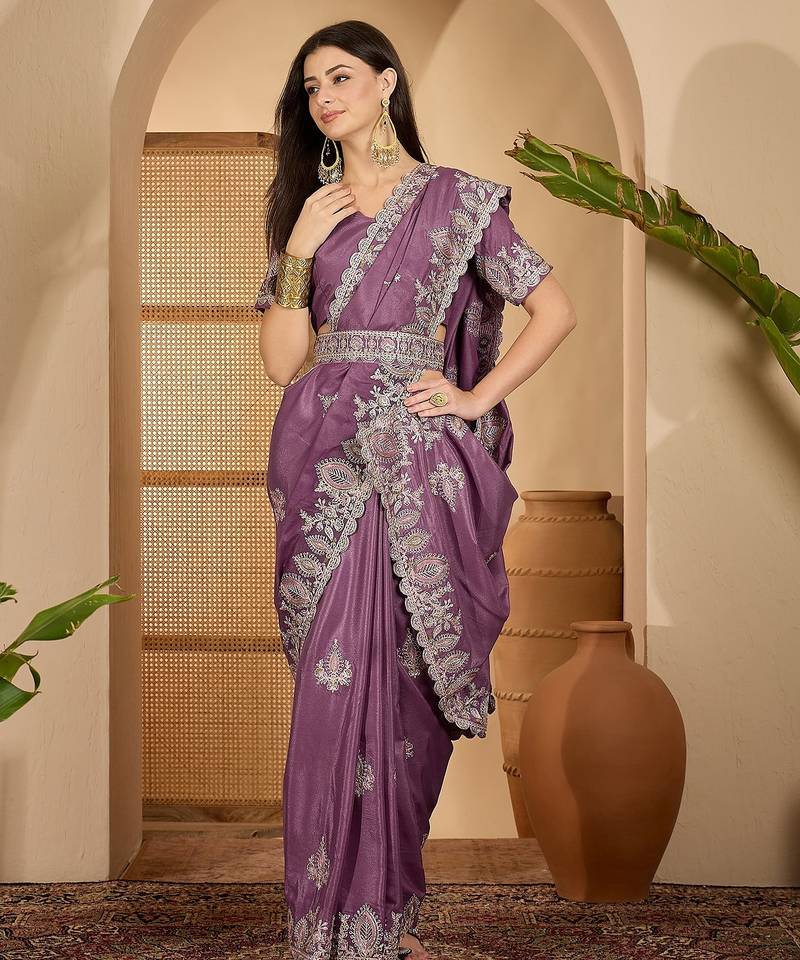 lavender chocolate silk blend embroidered saree with belt sequin work designer party & festive saree