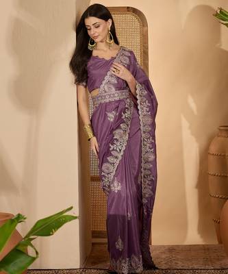 lavender chocolate silk blend embroidered saree with belt sequin work designer party & festive saree 2