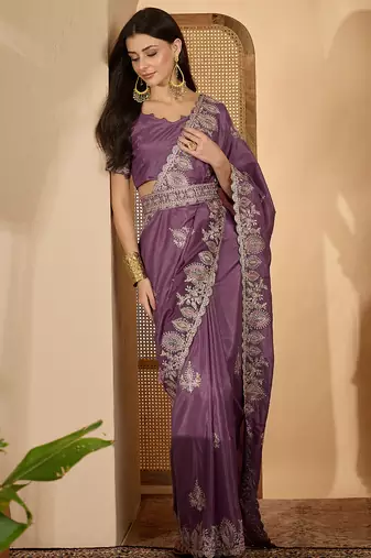 lavender chocolate silk blend embroidered saree with belt sequin work designer party & festive saree