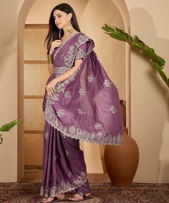 lavender chocolate silk blend embroidered saree with belt sequin work designer party & festive saree 3