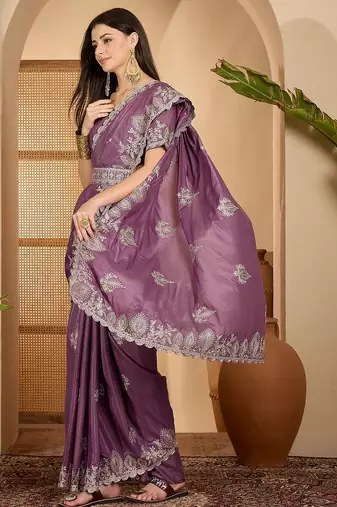 lavender chocolate silk blend embroidered saree with belt sequin work designer party & festive saree