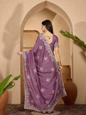 lavender chocolate silk blend embroidered saree with belt sequin work designer party & festive saree 4