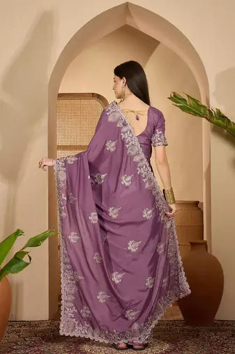 lavender chocolate silk blend embroidered saree with belt sequin work designer party & festive saree