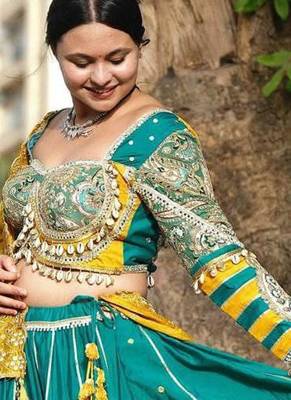 Emerald Color Real Miiror Work Handmade Kodi Lace Attached Cotton Lahenga Choli Set 2