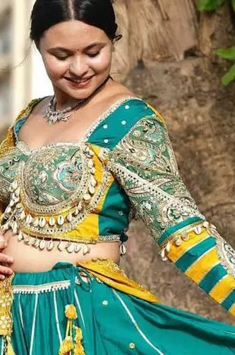 Emerald Color Real Miiror Work Handmade Kodi Lace Attached Cotton Lahenga Choli Set