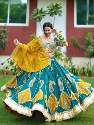 Emerald Color Real Miiror Work Handmade Kodi Lace Attached Cotton Lahenga Choli Set 1