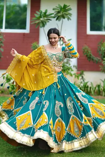 Emerald Color Real Miiror Work Handmade Kodi Lace Attached Cotton Lahenga Choli Set