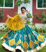 Emerald Color Real Miiror Work Handmade Kodi Lace Attached Cotton Lahenga Choli Set