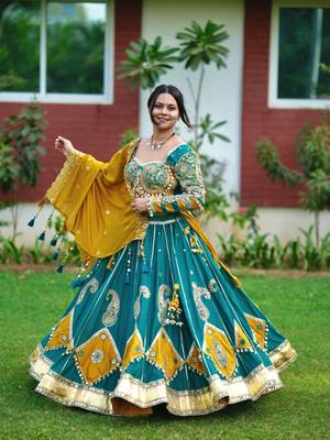 Emerald Color Real Miiror Work Handmade Kodi Lace Attached Cotton Lahenga Choli Set 3