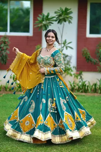 Emerald Color Real Miiror Work Handmade Kodi Lace Attached Cotton Lahenga Choli Set