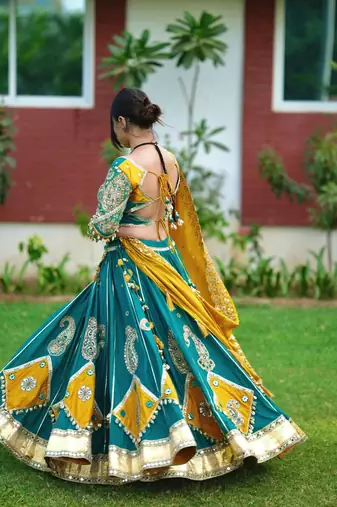 Emerald Color Real Miiror Work Handmade Kodi Lace Attached Cotton Lahenga Choli Set