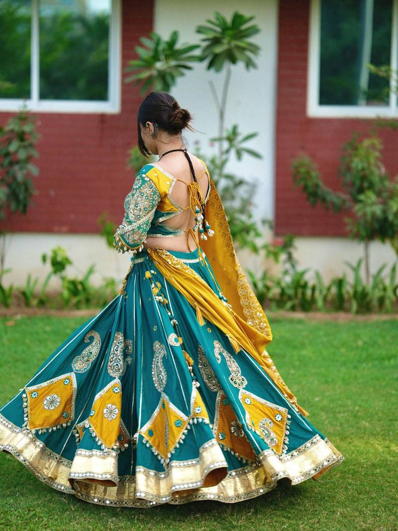 Emerald Color Real Miiror Work Handmade Kodi Lace Attached Cotton Lahenga Choli Set