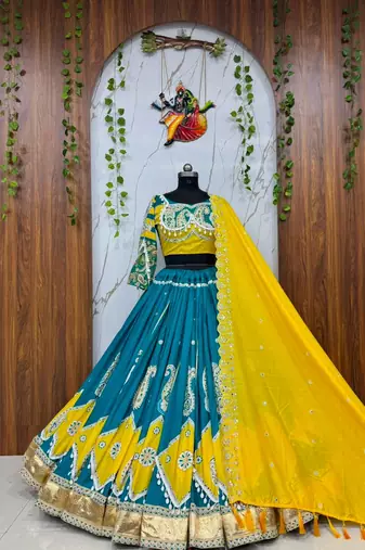 Emerald Color Real Miiror Work Handmade Kodi Lace Attached Cotton Lahenga Choli Set