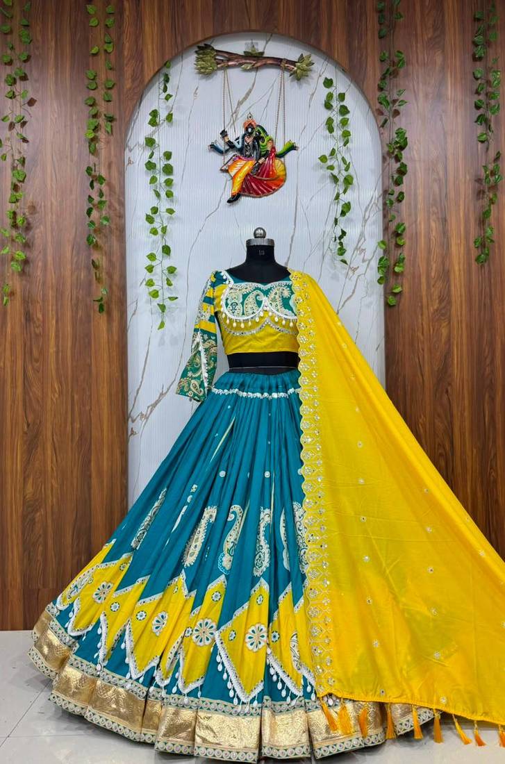 Emerald Color Real Miiror Work Handmade Kodi Lace Attached Cotton Lahenga Choli Set