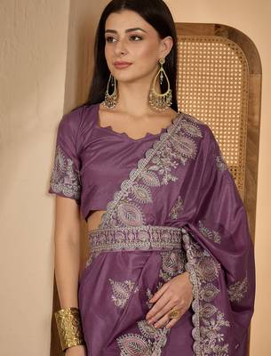 lavender chocolate silk blend embroidered saree with belt sequin work designer party & festive saree 5