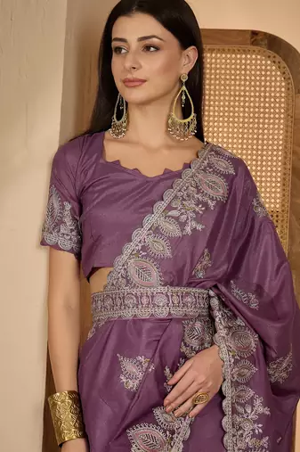 lavender chocolate silk blend embroidered saree with belt sequin work designer party & festive saree