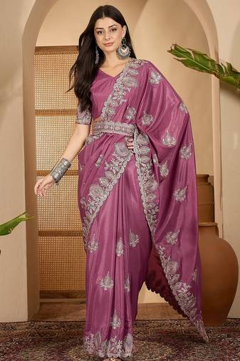 dusty rose chocolate silk blend embroidered saree with belt sequence work festive & party wear saree