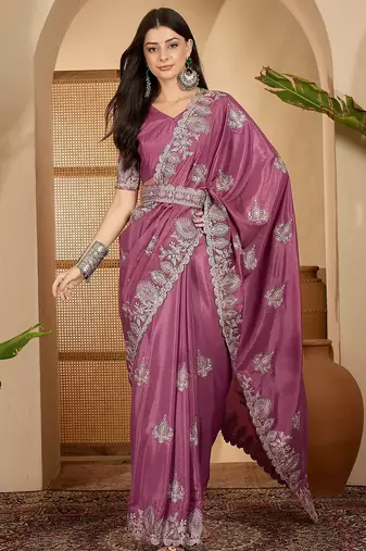 dusty rose chocolate silk blend embroidered saree with belt sequence work festive & party wear saree