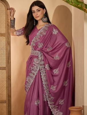dusty rose chocolate silk blend embroidered saree with belt sequence work festive & party wear saree 2