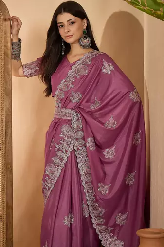 dusty rose chocolate silk blend embroidered saree with belt sequence work festive & party wear saree
