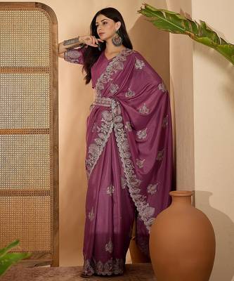 dusty rose chocolate silk blend embroidered saree with belt sequence work festive & party wear saree 3