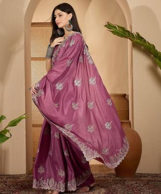 dusty rose chocolate silk blend embroidered saree with belt sequence work festive & party wear saree 4