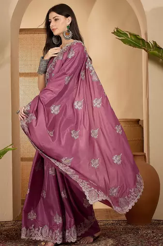 dusty rose chocolate silk blend embroidered saree with belt sequence work festive & party wear saree