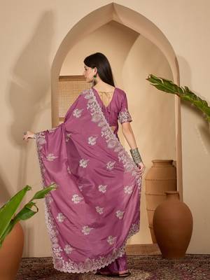 dusty rose chocolate silk blend embroidered saree with belt sequence work festive & party wear saree 5