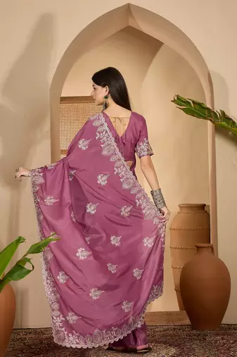 dusty rose chocolate silk blend embroidered saree with belt sequence work festive & party wear saree