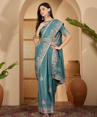 teal blue chocolate silk blend embroidered saree with belt sequence work designer festive party saree 1
