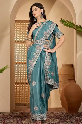 teal blue chocolate silk blend embroidered saree with belt sequence work designer festive party saree