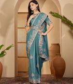 teal blue chocolate silk blend embroidered saree with belt sequence work designer festive party saree