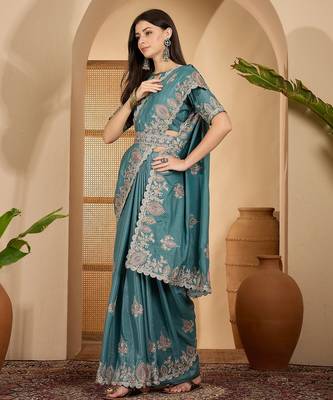 teal blue chocolate silk blend embroidered saree with belt sequence work designer festive party saree 2