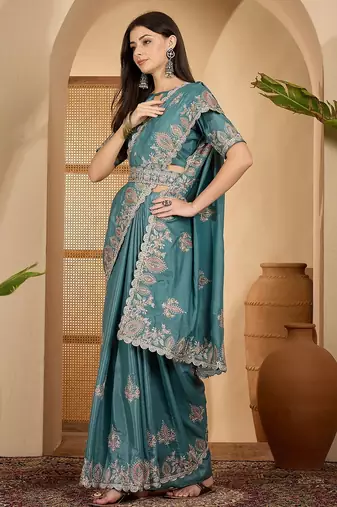 teal blue chocolate silk blend embroidered saree with belt sequence work designer festive party saree
