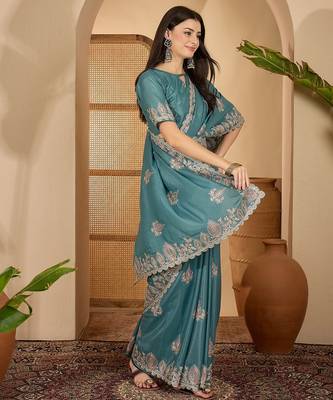 teal blue chocolate silk blend embroidered saree with belt sequence work designer festive party saree 3