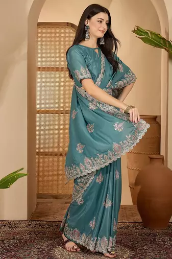 teal blue chocolate silk blend embroidered saree with belt sequence work designer festive party saree
