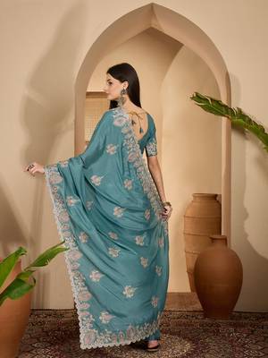 teal blue chocolate silk blend embroidered saree with belt sequence work designer festive party saree 4