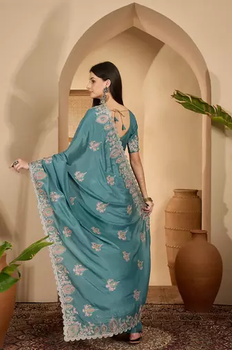 teal blue chocolate silk blend embroidered saree with belt sequence work designer festive party saree