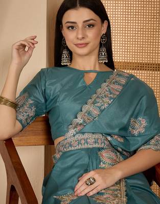 teal blue chocolate silk blend embroidered saree with belt sequence work designer festive party saree 5
