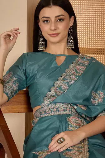 teal blue chocolate silk blend embroidered saree with belt sequence work designer festive party saree