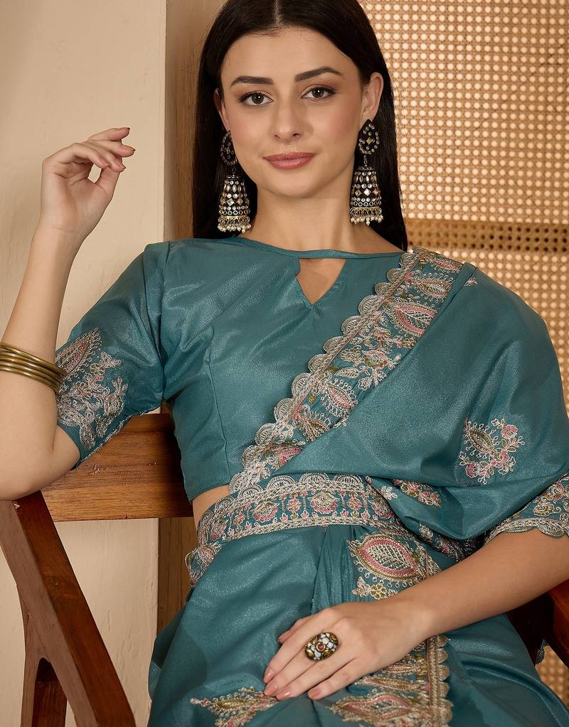 teal blue chocolate silk blend embroidered saree with belt sequence work designer festive party saree