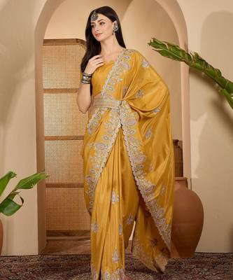mustard yellow chocolate silk blend embroidered saree with belt sequence work designer festive saree 1