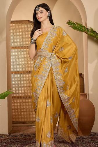mustard yellow chocolate silk blend embroidered saree with belt sequence work designer festive saree