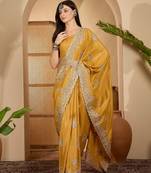 mustard yellow chocolate silk blend embroidered saree with belt sequence work designer festive saree