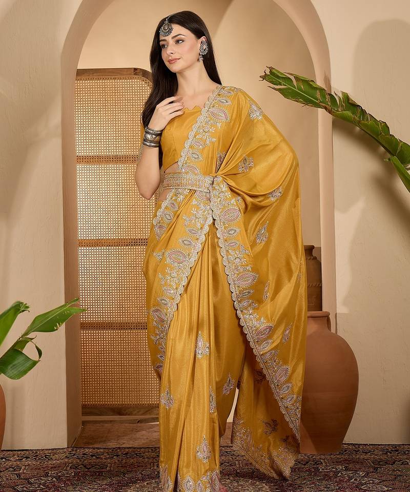 mustard yellow chocolate silk blend embroidered saree with belt sequence work designer festive saree