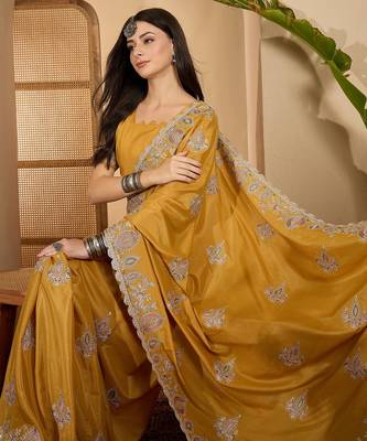 mustard yellow chocolate silk blend embroidered saree with belt sequence work designer festive saree 2