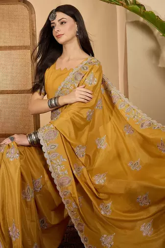 mustard yellow chocolate silk blend embroidered saree with belt sequence work designer festive saree