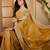 mustard yellow chocolate silk blend embroidered saree with belt sequence work designer festive saree